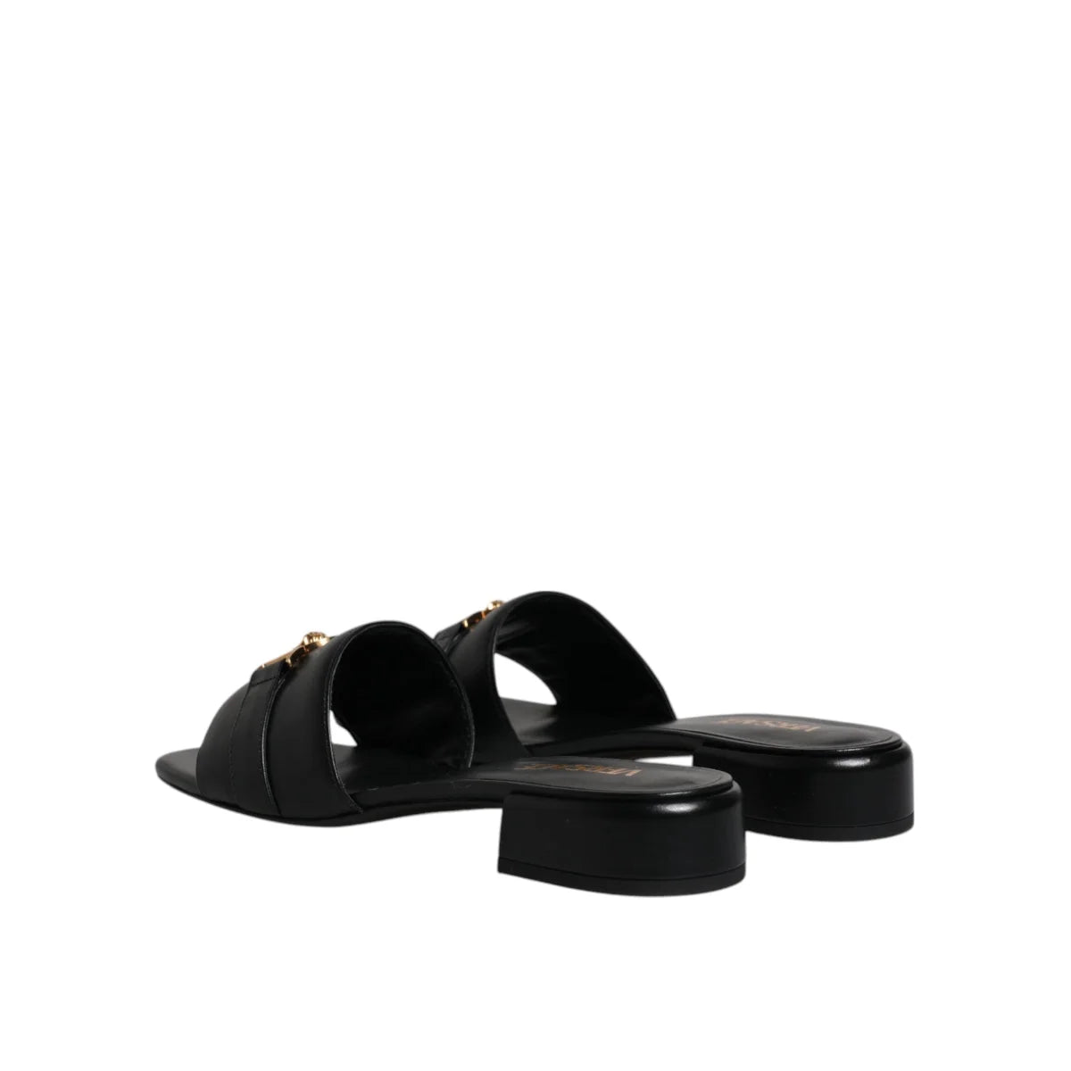 Authentic Versace Black Leather Logo Plaque Open Toe Slip-On