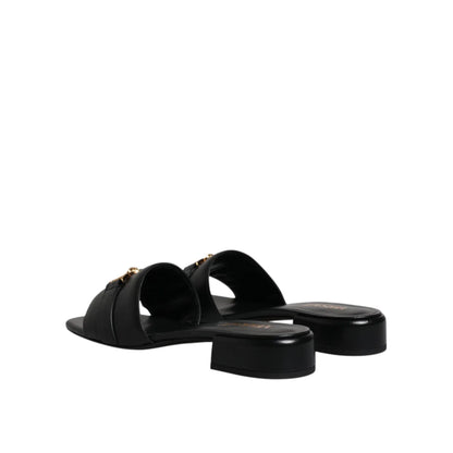 Authentic Versace Black Leather Logo Plaque Open Toe Slip-On