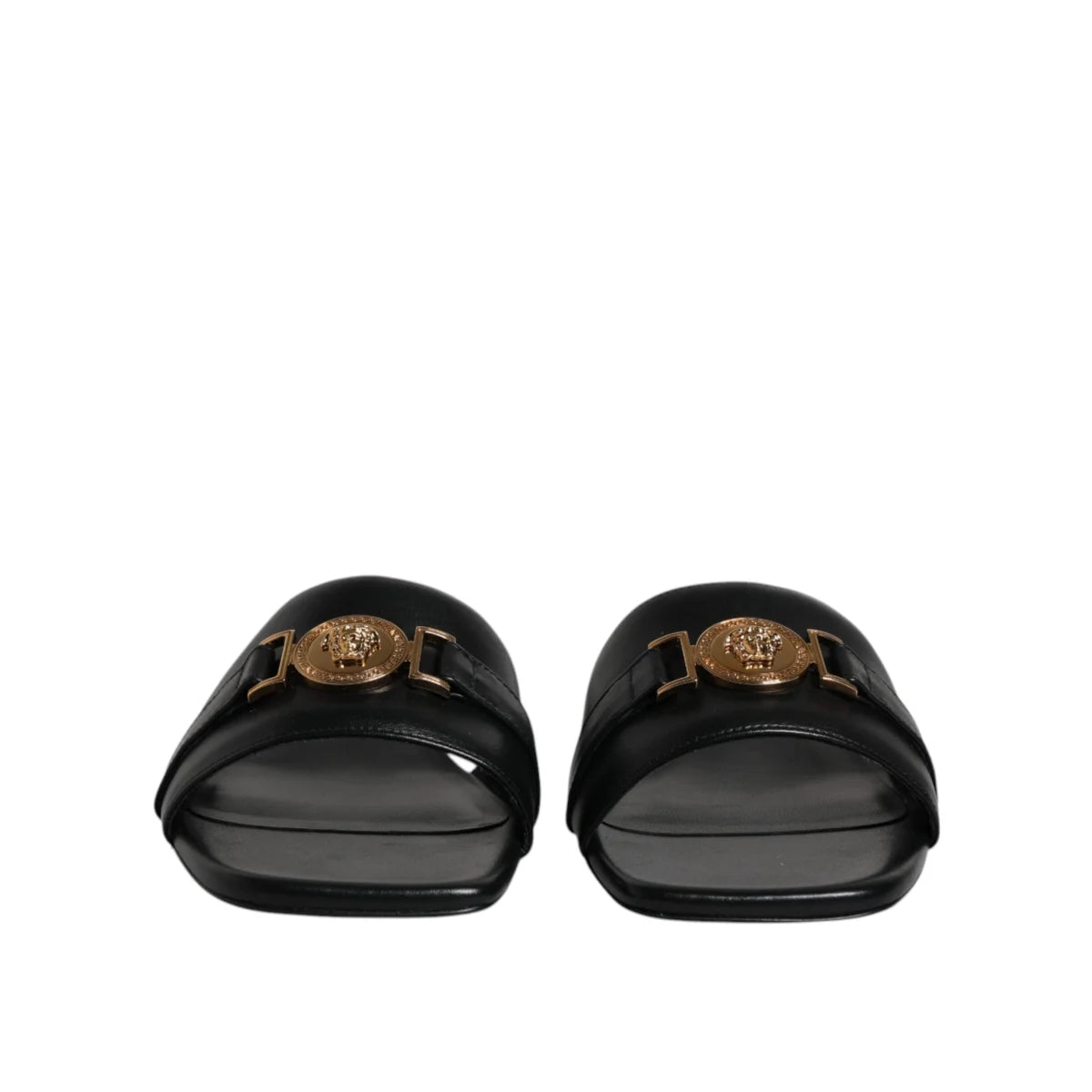 Authentic Versace Black Leather Logo Plaque Open Toe Slip-On