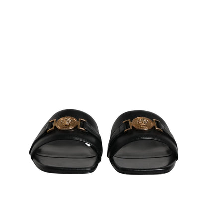 Authentic Versace Black Leather Logo Plaque Open Toe Slip-On