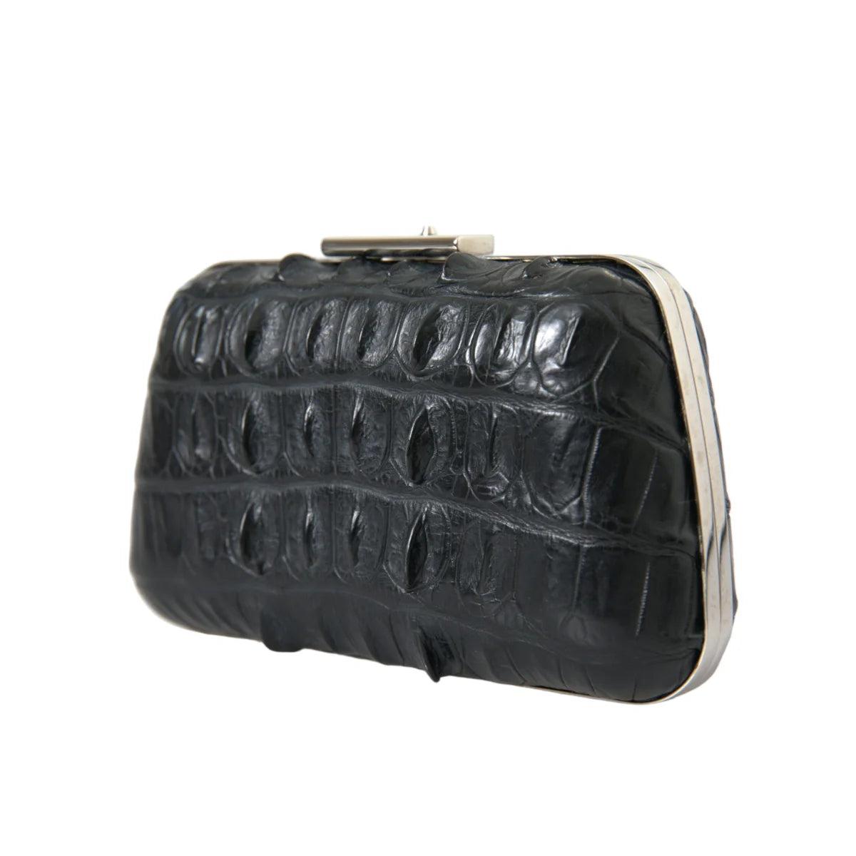 Balenciaga Black Crocodile Skin Evening Clutch in Lamb Leather