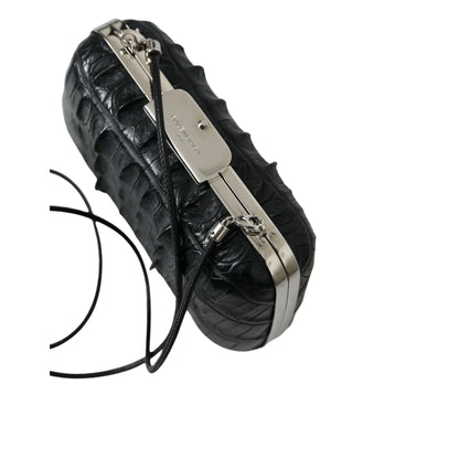 Balenciaga Black Crocodile Skin Evening Clutch in Lamb Leather