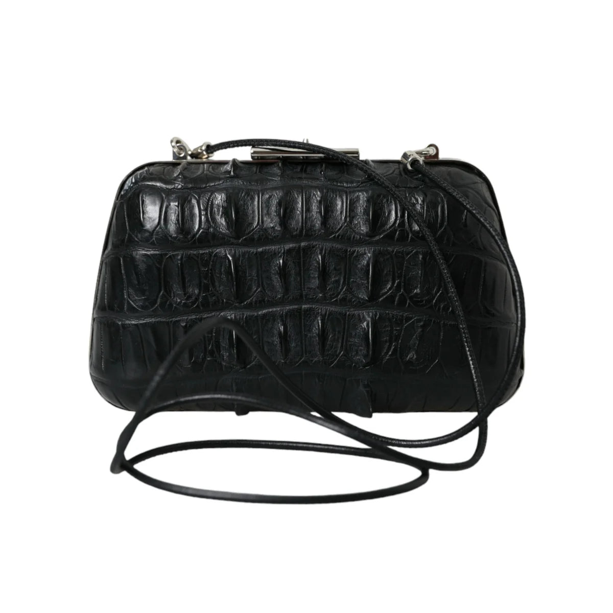 Balenciaga Black Crocodile Skin Evening Clutch in Lamb Leather
