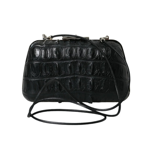 Balenciaga Black Crocodile Skin Evening Clutch in Lamb Leather