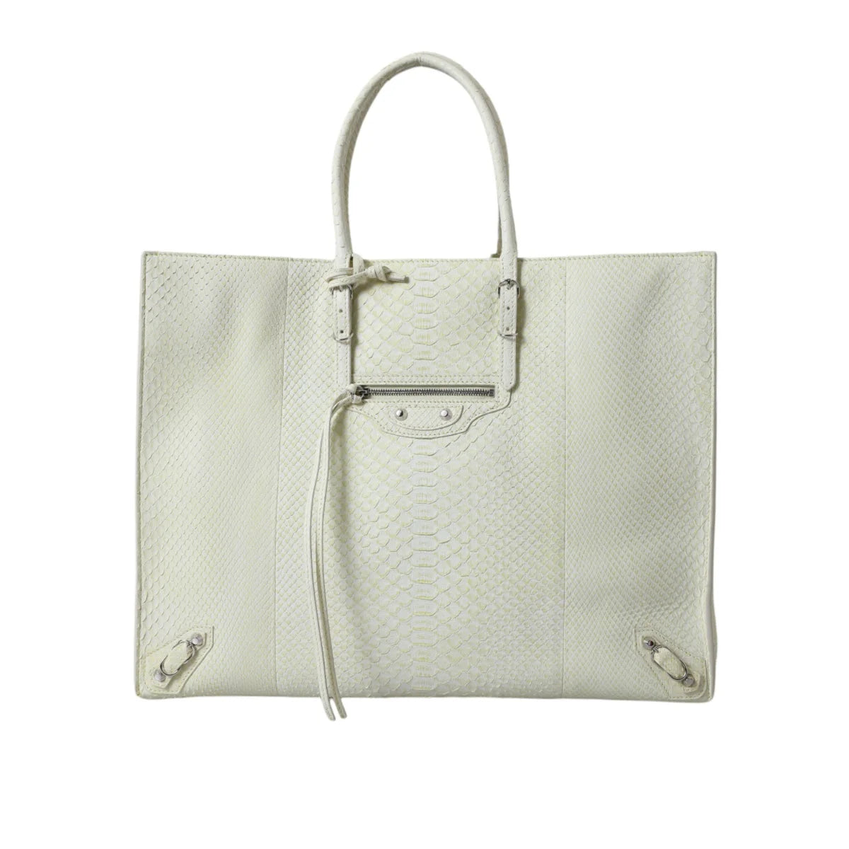BALENCIAGA PythonSkin Leather Papier Studded Tote White Lemon Sensation Balenciaga