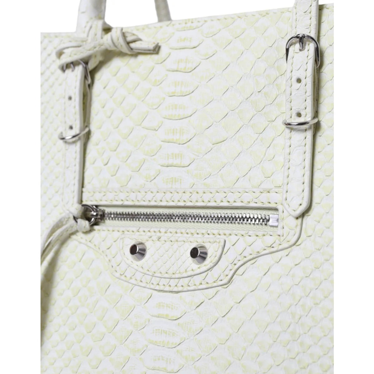 BALENCIAGA PythonSkin Leather Papier Studded Tote White Lemon Sensation Balenciaga