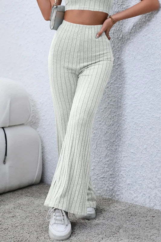 Chic High Waist Flare Pants in Ribbed Opaque Fabric Clothing bottoms Trendsi
