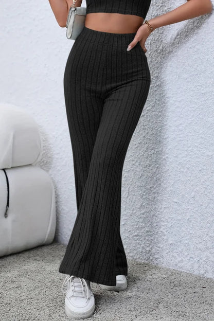 Chic High Waist Flare Pants in Ribbed Opaque Fabric Clothing bottoms Trendsi