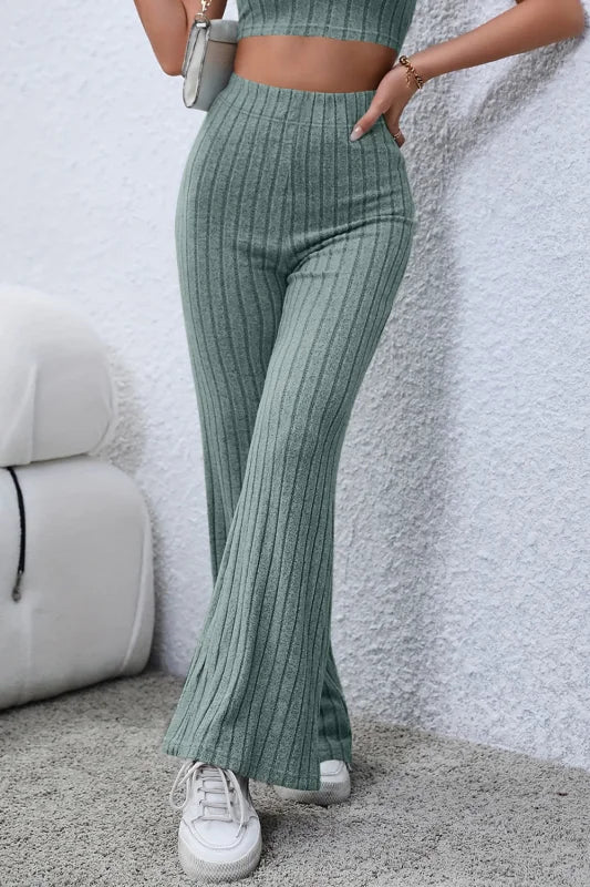 Chic High Waist Flare Pants in Ribbed Opaque Fabric Clothing bottoms Trendsi