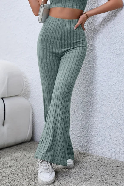 Chic High Waist Flare Pants in Ribbed Opaque Fabric Clothing bottoms Trendsi
