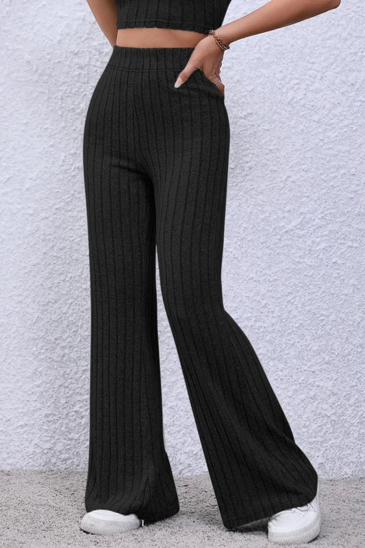 Chic High Waist Flare Pants in Ribbed Opaque Fabric Clothing bottoms Trendsi