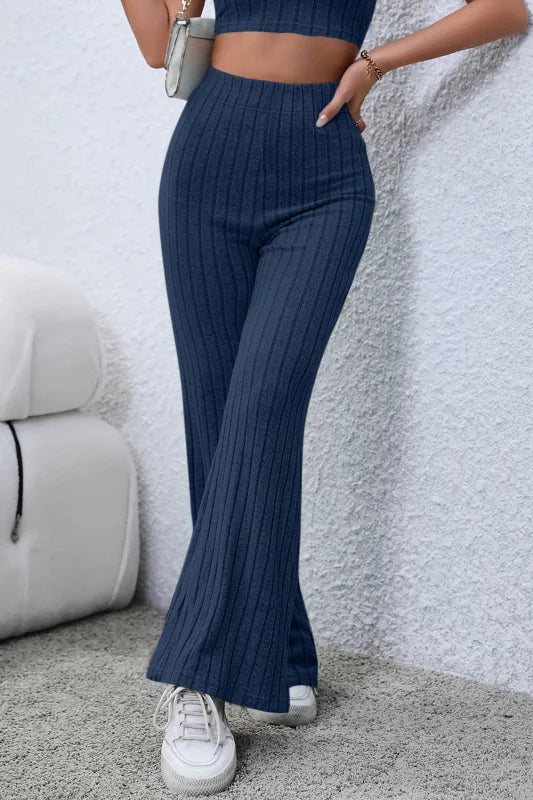 Chic High Waist Flare Pants in Ribbed Opaque Fabric Clothing bottoms Trendsi