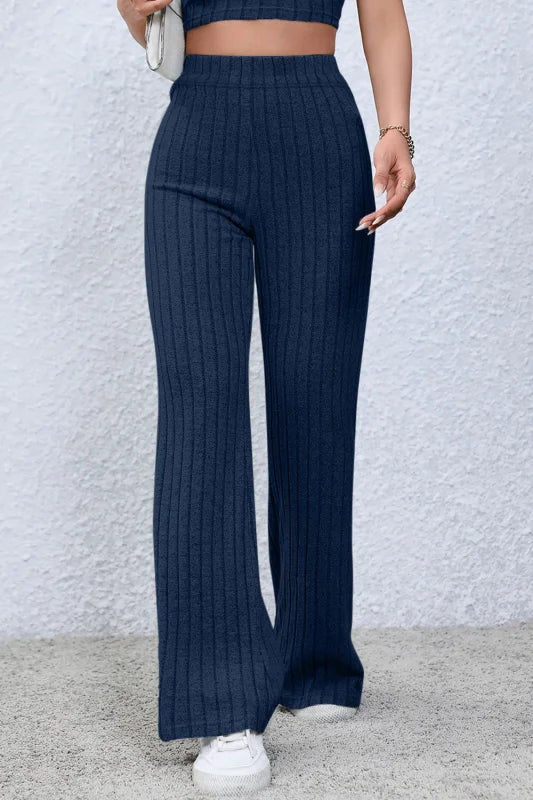 Chic High Waist Flare Pants in Ribbed Opaque Fabric Clothing bottoms Trendsi
