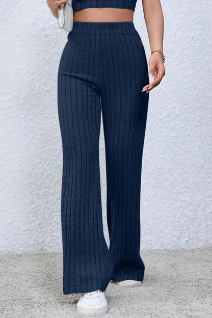 Chic High Waist Flare Pants in Ribbed Opaque Fabric Clothing bottoms Trendsi