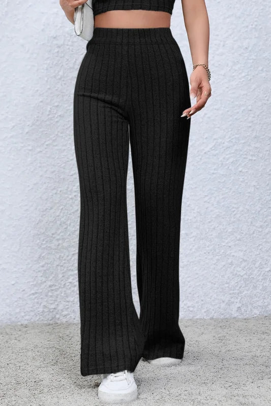 Chic High Waist Flare Pants in Ribbed Opaque Fabric Clothing bottoms Trendsi