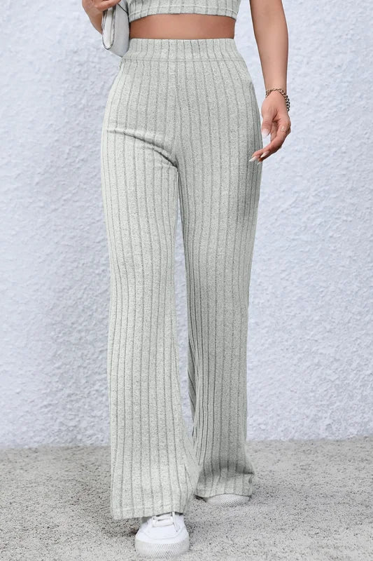 Chic High Waist Flare Pants in Ribbed Opaque Fabric Clothing bottoms Trendsi