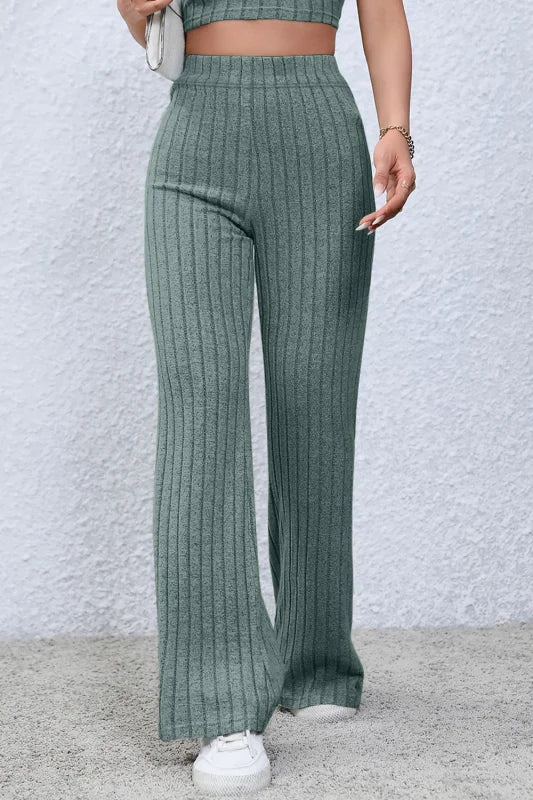 Chic High Waist Flare Pants in Ribbed Opaque Fabric Clothing bottoms Trendsi