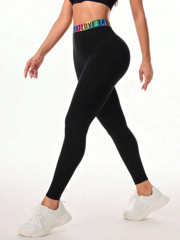 Bold High Waist Letter Printed Leggings Clothing bottoms Trendsi