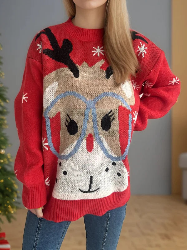 Cozy Reindeer Round Neck Sweater in Soft Stretch Fabric Clothing Tops Trendsi