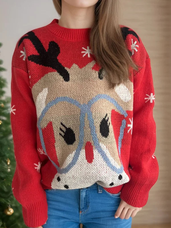 Cozy Reindeer Round Neck Sweater in Soft Stretch Fabric Clothing Tops Trendsi