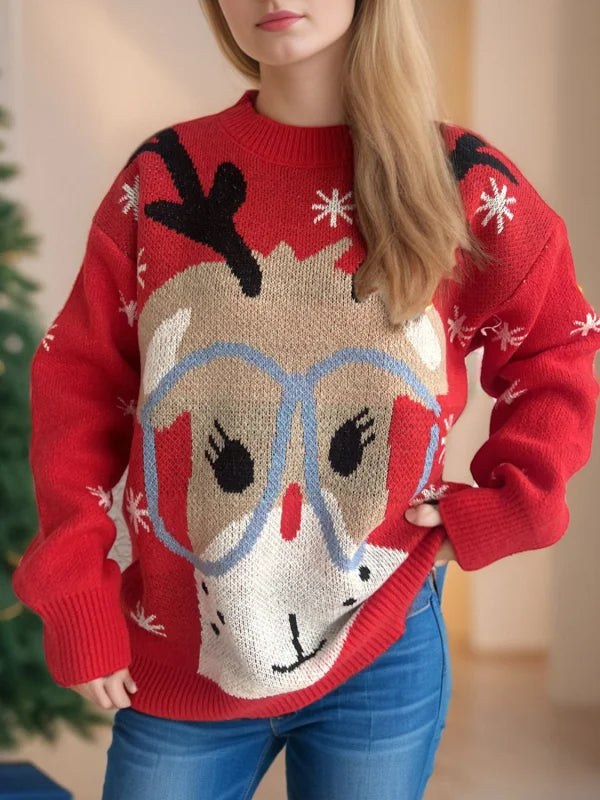 Cozy Reindeer Round Neck Sweater in Soft Stretch Fabric Clothing Tops Trendsi