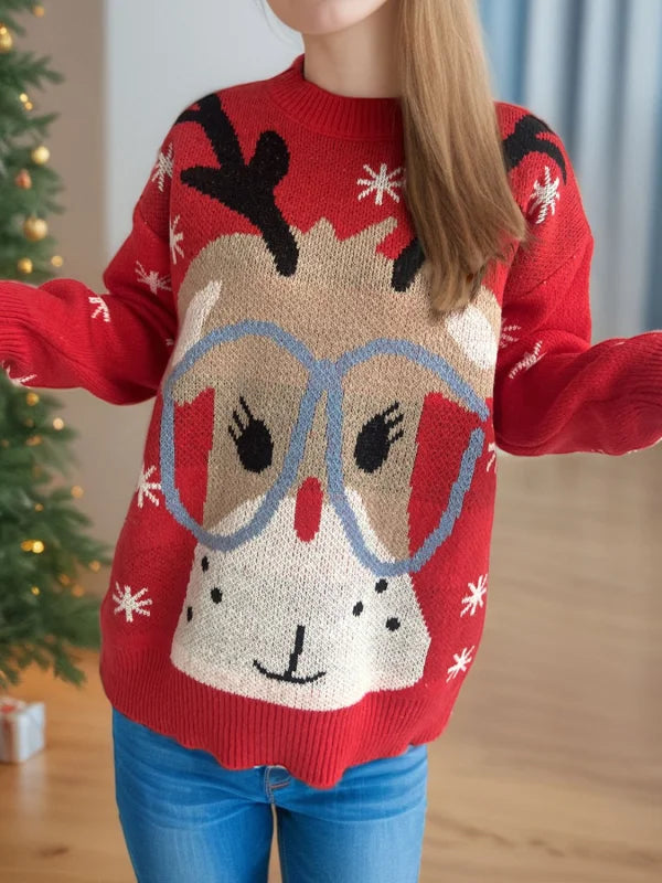 Cozy Reindeer Round Neck Sweater in Soft Stretch Fabric Clothing Tops Trendsi