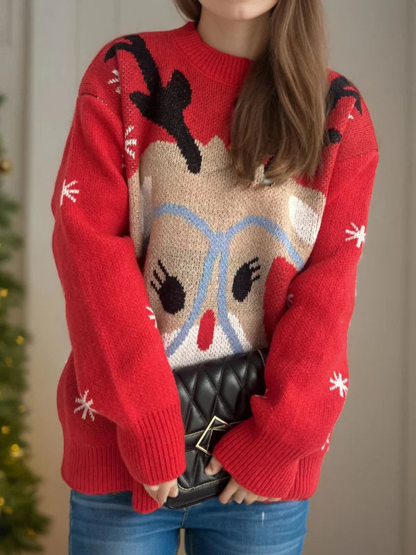 Cozy Reindeer Round Neck Sweater in Soft Stretch Fabric Clothing Tops Trendsi