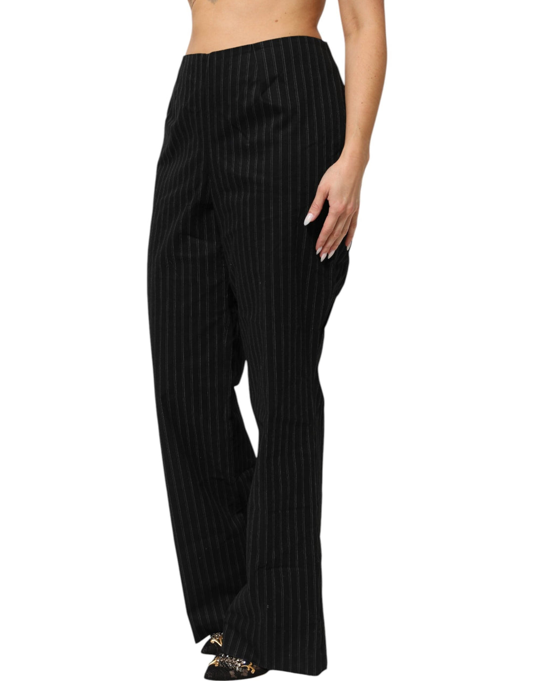 Bencivenga Black Wool Blend Pinstripe Straight Leg Pants