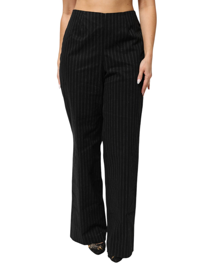 Bencivenga Black Wool Blend Pinstripe Straight Leg Pants