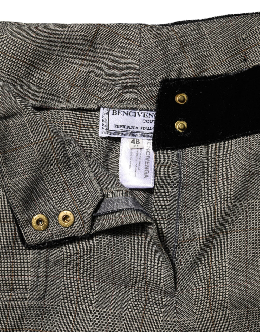 Bencivenga Gray Wool Blend Plaid Straight Leg Velvet Waist Pants