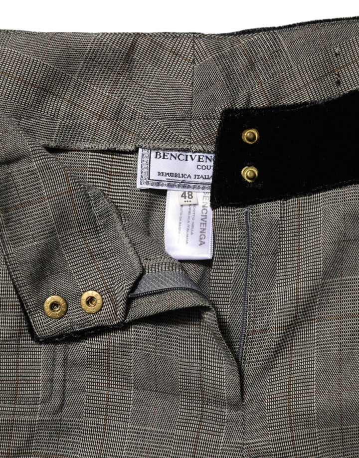 Bencivenga Gray Wool Blend Plaid Straight Leg Velvet Waist Pants