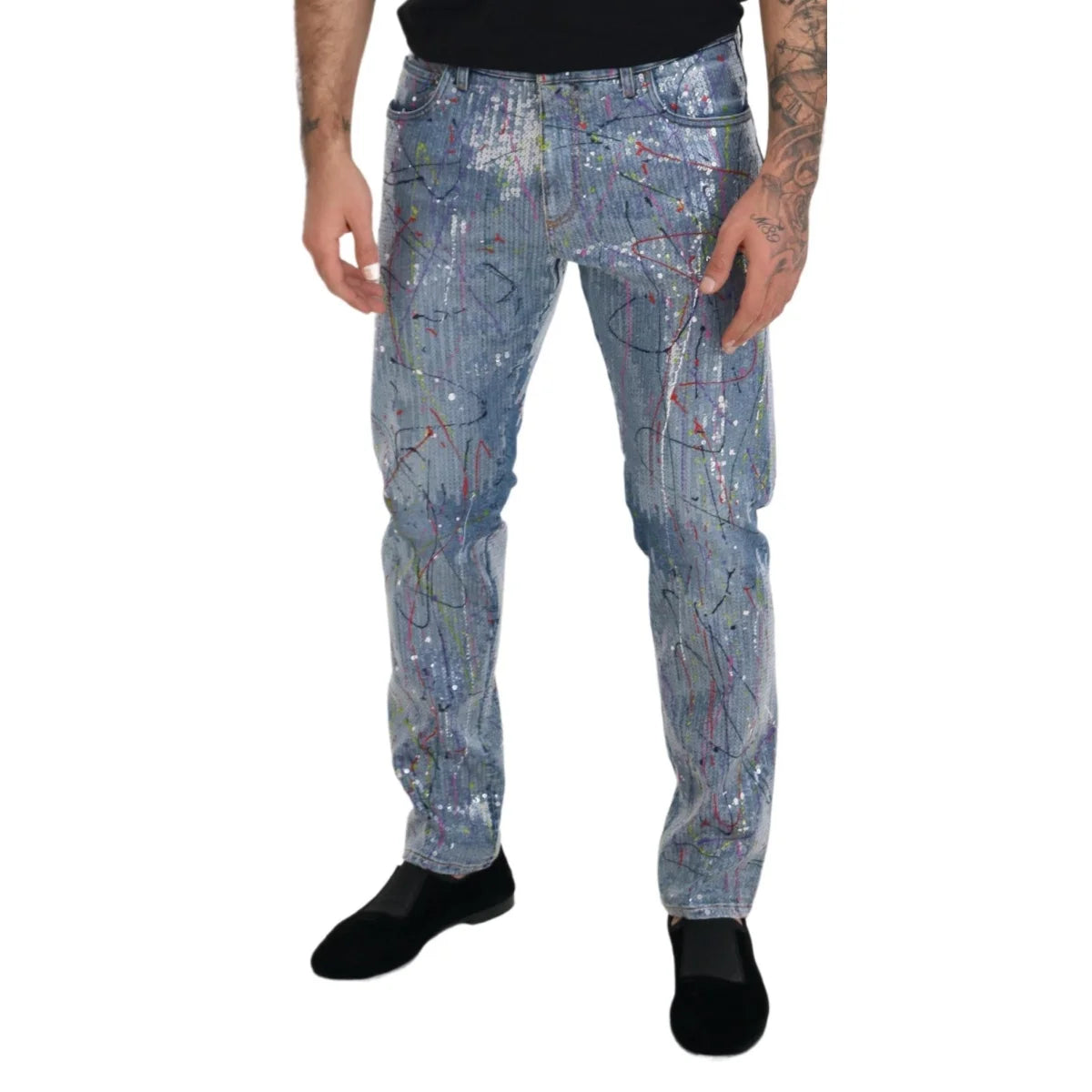 Bold Dolce Gabbana Blue Jeans with Color Splash Print and Zipper Closure &