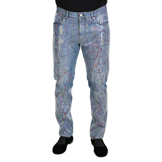 Bold Dolce Gabbana Blue Jeans with Color Splash Print and Zipper Closure &