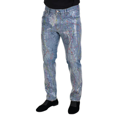 Bold Dolce Gabbana Blue Jeans with Color Splash Print and Zipper Closure &