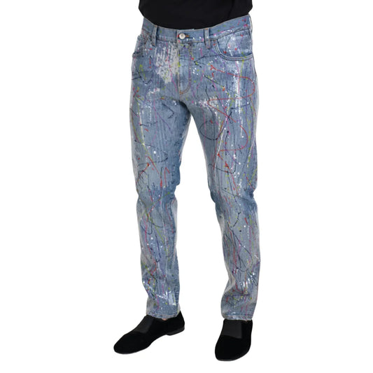 Bold Dolce Gabbana Blue Jeans with Color Splash Print and Zipper Closure &