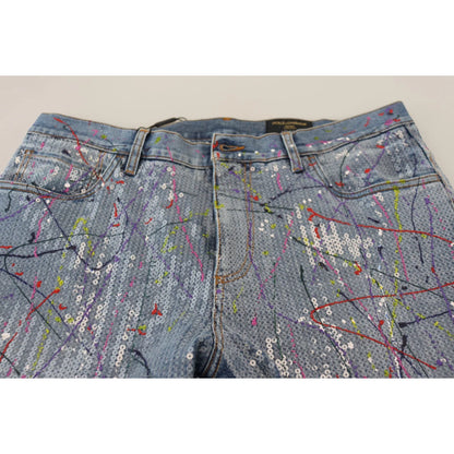 Bold Dolce Gabbana Blue Jeans with Color Splash Print and Zipper Closure &