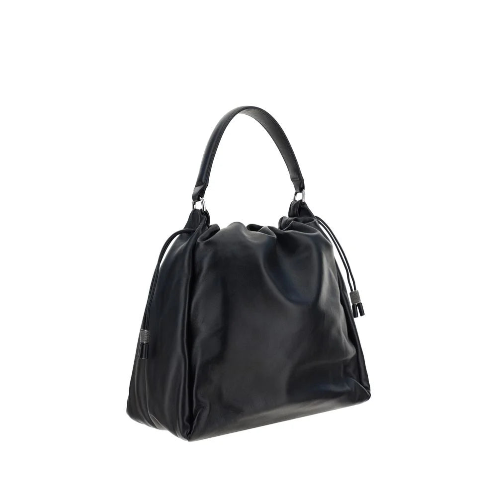 Brunello Cucinelli Black Calf Leather Bos Taurus Shoulder Bag