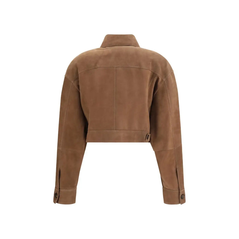 Brunello Cucinelli Brown Calf Leather Bos Taurus Denim Jacket