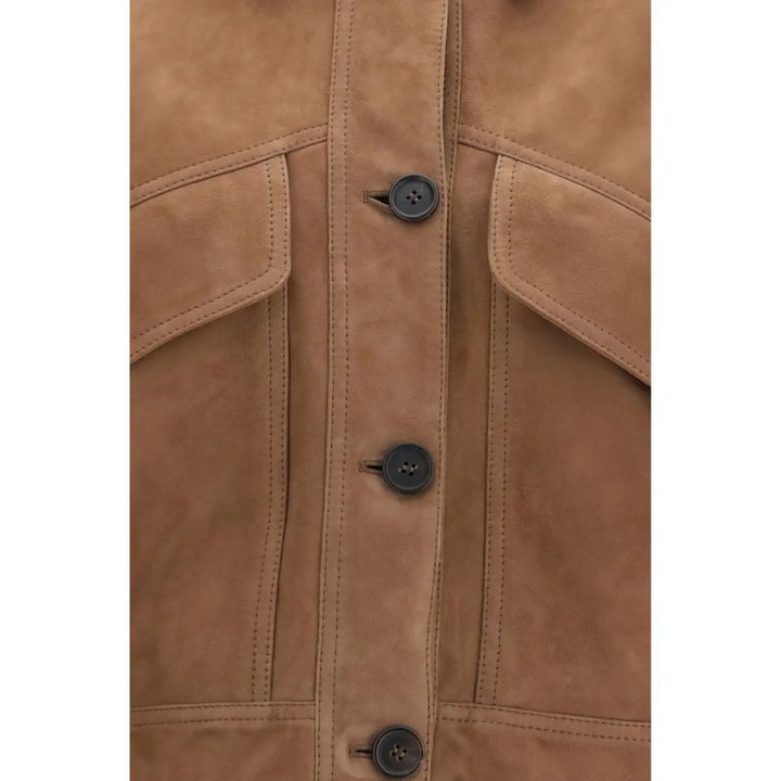 Brunello Cucinelli Brown Calf Leather Bos Taurus Denim Jacket