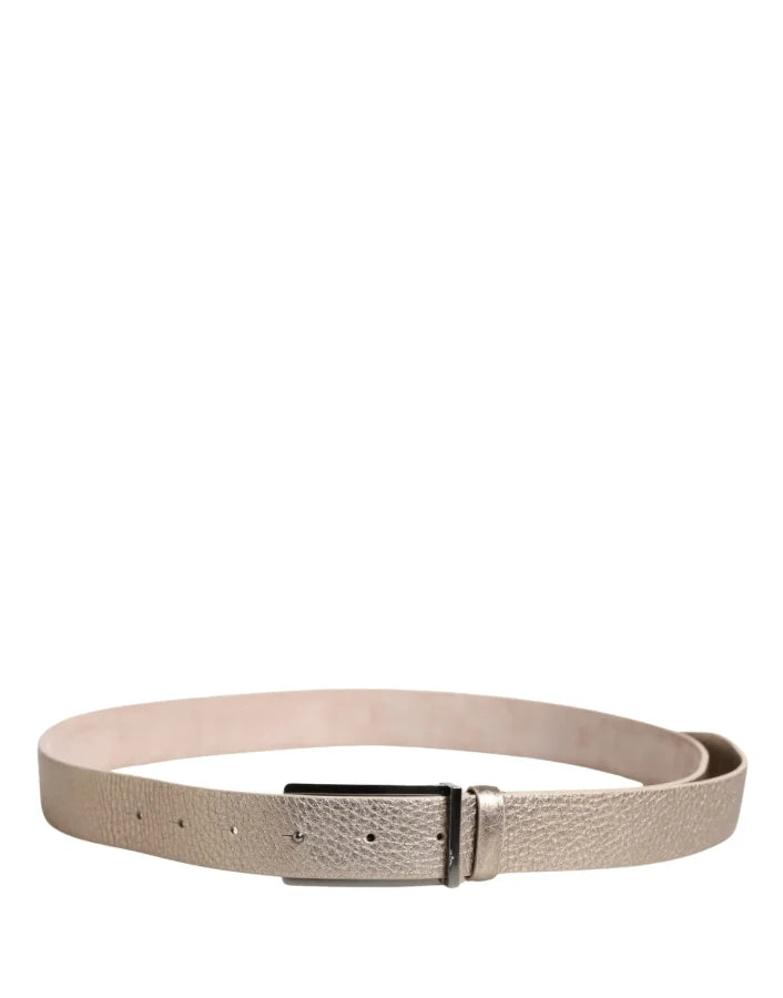 Brunello Cucinelli Metallic Beige Leather Silver Metal Buckle Belt