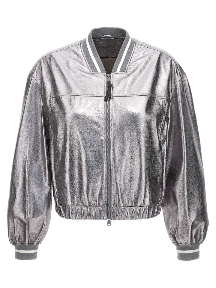 Brunello Cucinelli Silver Leather Bomber