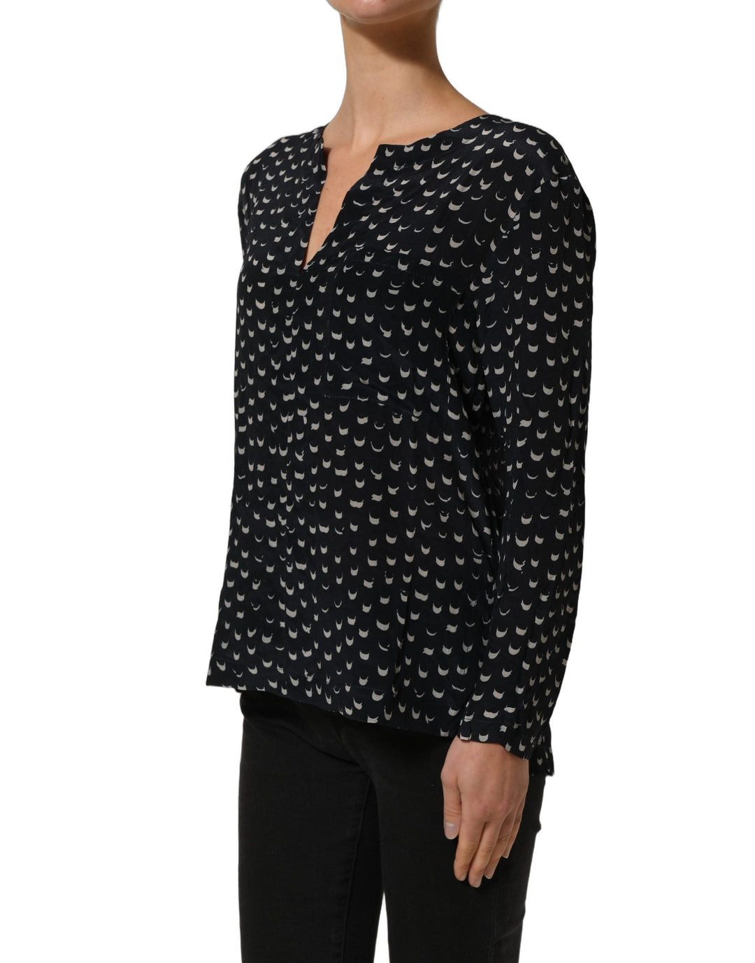 Bruno Manetti Blouses - Women’s Black Silk Long Sleeves Deep V-neck Blouse Top
