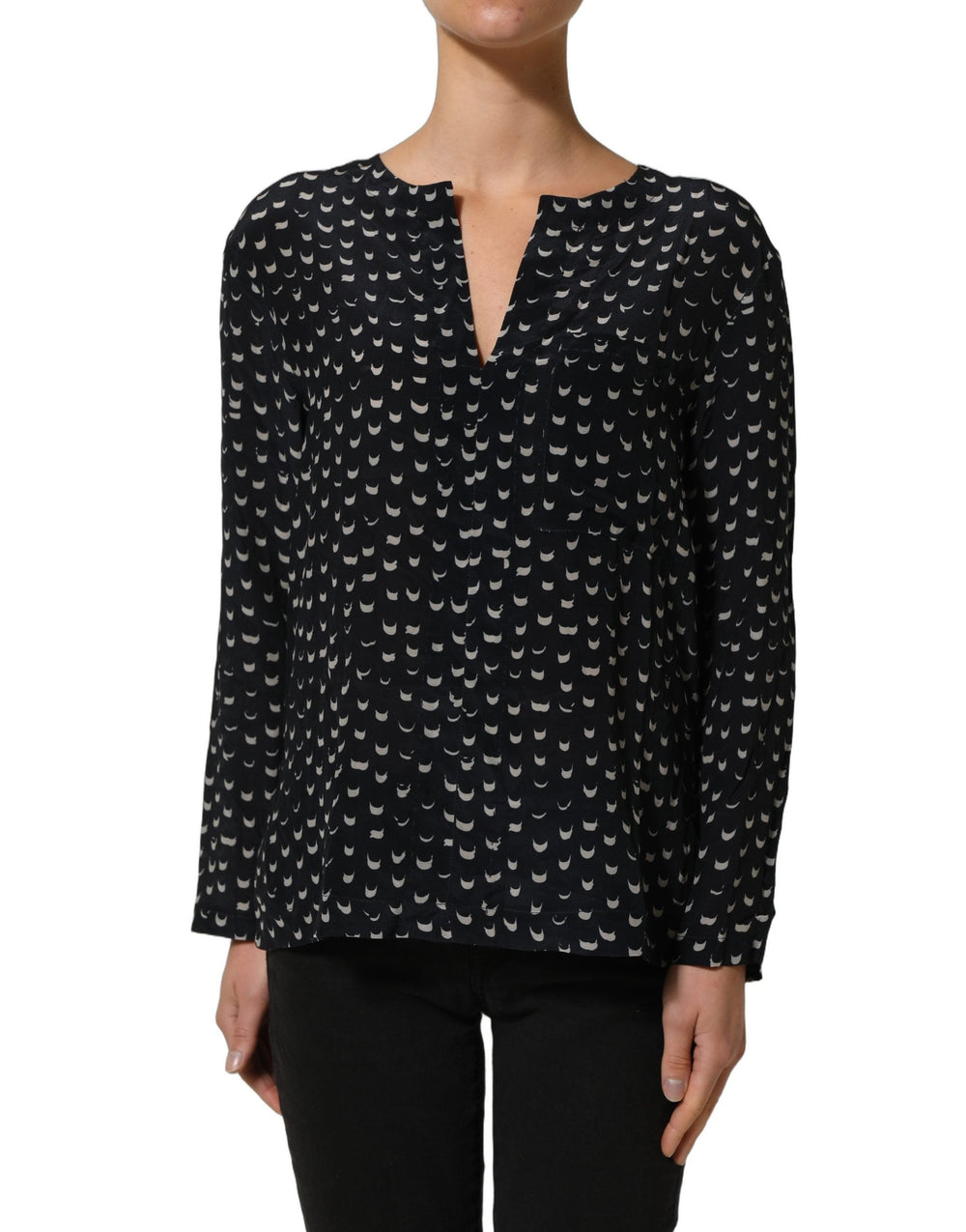 Bruno Manetti Blouses - Women’s Black Silk Long Sleeves Deep V-neck Blouse Top