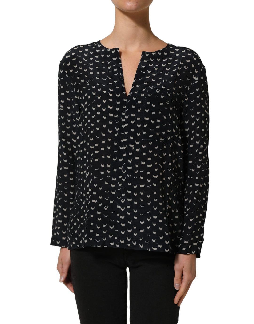 Bruno Manetti Blouses - Women’s Black Silk Long Sleeves Deep V-neck Blouse Top