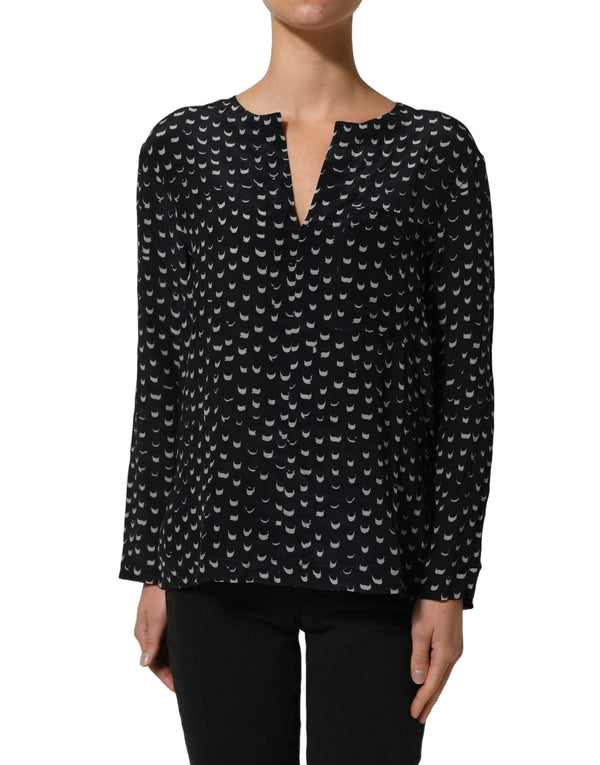 Bruno Manetti Blouses - Women’s Black Silk Long Sleeves Deep V-neck Blouse Top