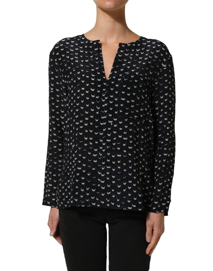 Bruno Manetti Blouses - Women’s Black Silk Long Sleeves Deep V-neck Blouse Top