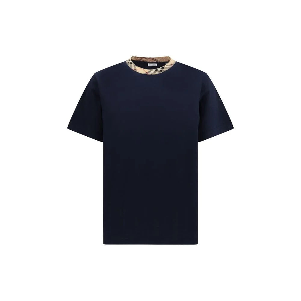 Burberry Blue Cotton T-Shirt with Check Trims in Soft Jersey
