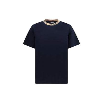 Burberry Blue Cotton T-Shirt with Check Trims in Soft Jersey