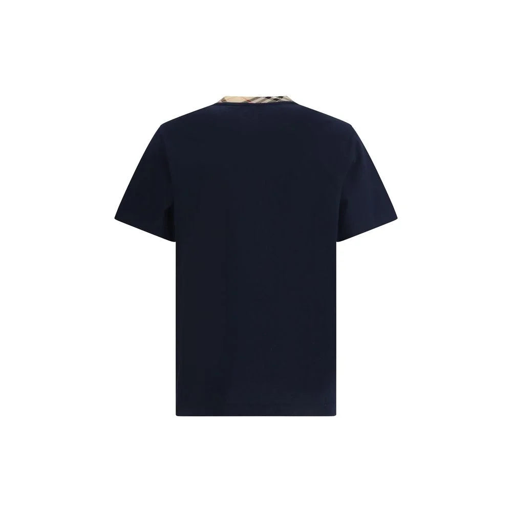 Burberry Blue Cotton T-Shirt with Check Trims in Soft Jersey