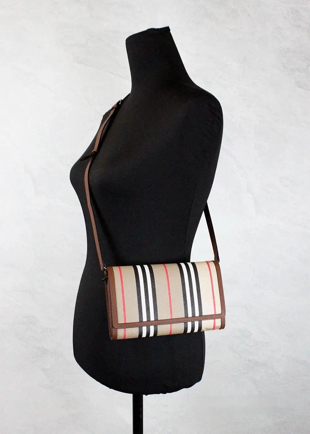 Burberry Hannah Icon Stripe Archive Tan E-canvas Leather Wallet Crossbody Bag